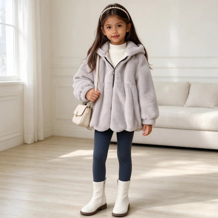 Children Faux Rabbit Fur Coats Solid Fur Jackets Hooded Zipper Long Sleeves 2026 Autumn Winter Flowy Hem Thick Loose Fit Casual