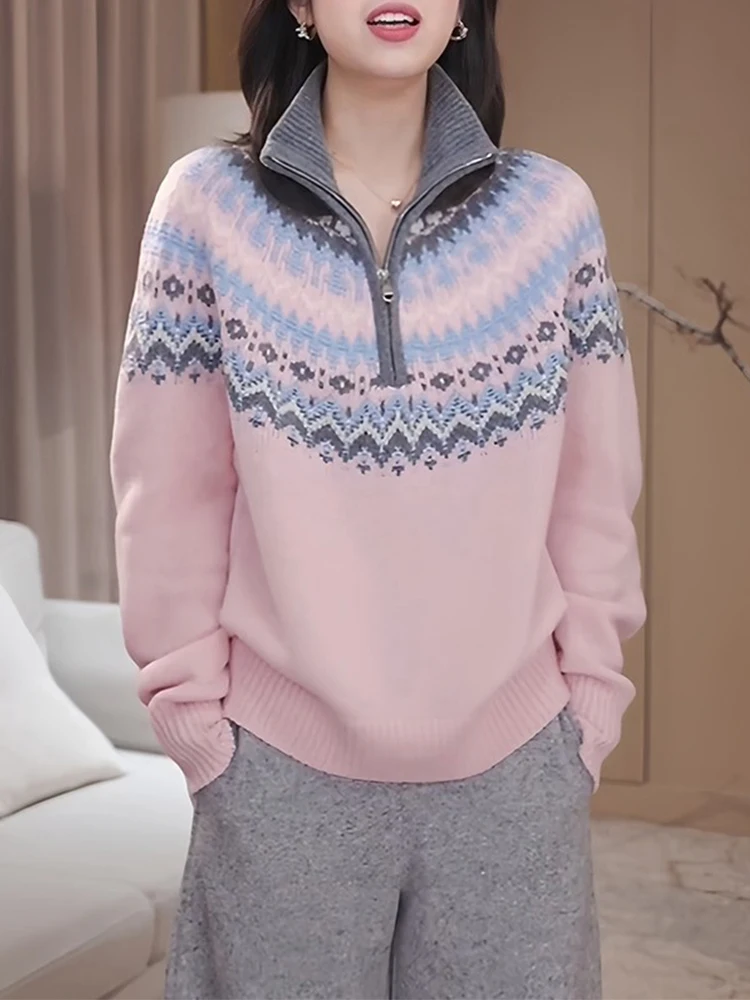 

Korean Sle Loose Fit Knitwear Women's f Zip Stand Collar Sweater Color Blo Winter Faion Slimming Top Trendy