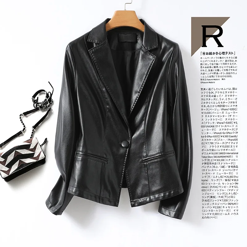 Giacca da ufficio casual da donna Giacca da abito in ecopelle Autunno Inverno Cappotto in pelle di pecora PU Risvolto Cappotto corto da donna con fibbia singola sottile