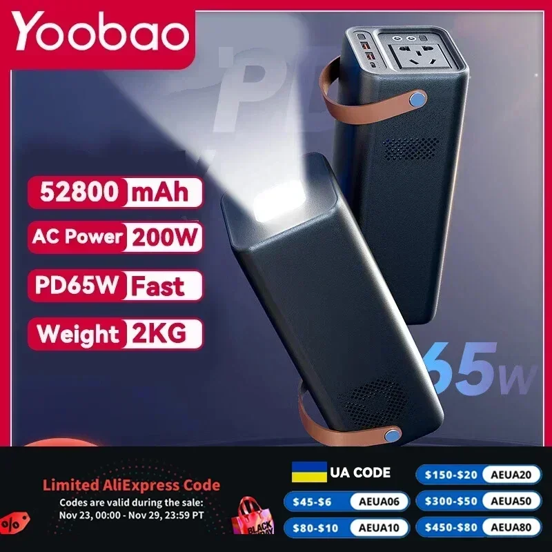 Портативная электростанция Yoobao EN200W 200 Вт, внешний аккумулятор 52800 мАч для mini 4 pro Redmi 10C Iphone 14 Pro Max Realme GT OnePlus 10T