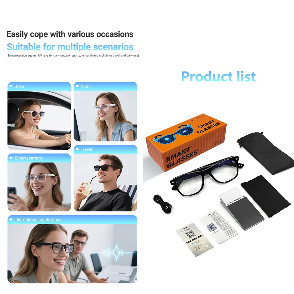 F16 نظارات الصوت الذكية بلوتوث دعوة AI ترجمة نظارات ذكية AI فيديو الدردشة ستيريو الصوت النظارات للرجال والنساء