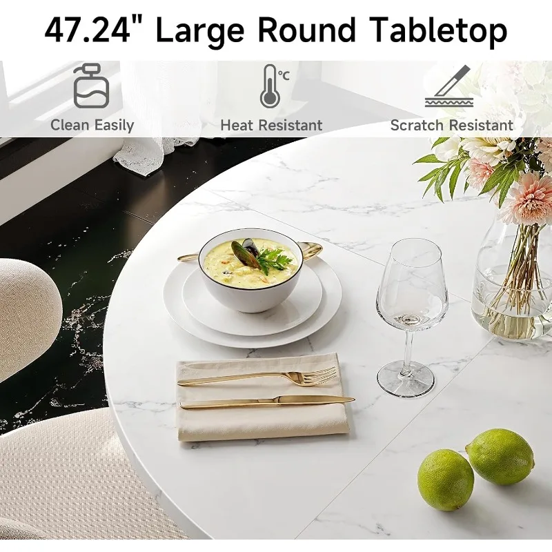 Round Dining Table, 47.24 Inch Kitchen Table for 4 People, Wooden Faux Marble Dinner Room Table with Gold Base for Home