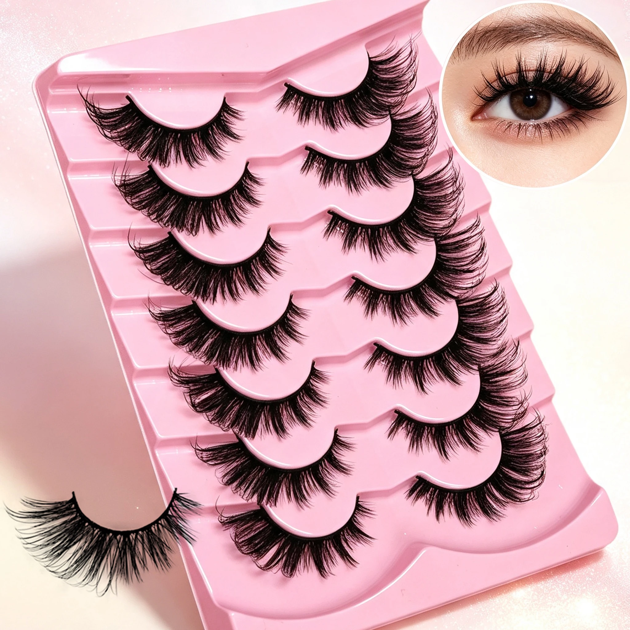 Fox Eye Wispy Strip Lashes 7 Paar Falsche Wimpern aus Kunstnerz, Flauschige Flügel-Katzenaugen-Wimpern, Wiederverwendbares Augen-Make-up für den Alltag und Partys – Detail 1