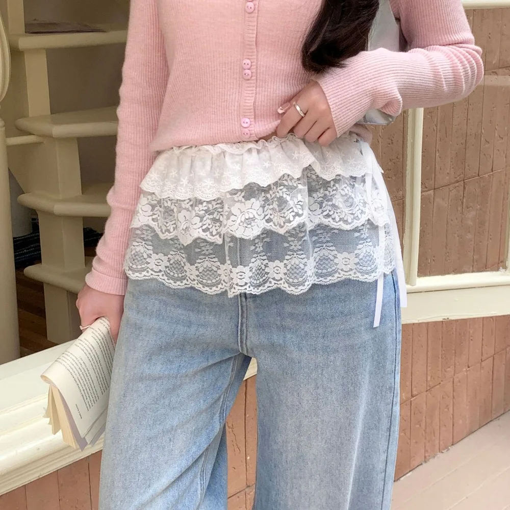 Rok Kasa Berlapis Renda Bunga Bordir Rok Ruffles Berenda Pakaian Jalanan Y2K Tembus Pandang Rok Ruched Harajuku