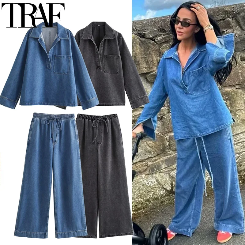 TRAF 2024 Woman Pant Sets Blue Oversized Shirts Wide Baggy Pants Denim 2 Piece Set Women Autumn Casual Jean New Matching Sets