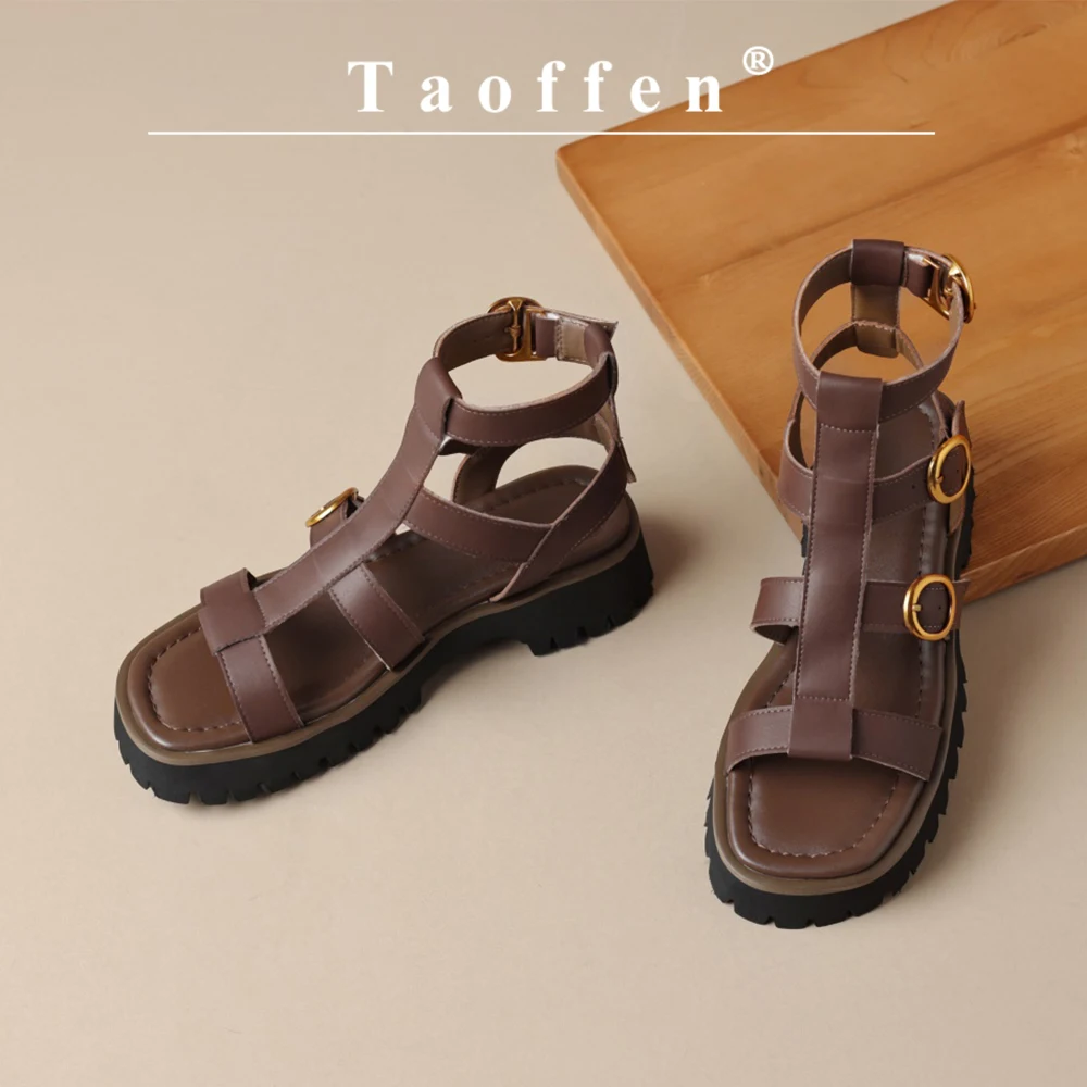 Taoffen New Genuine Cow Leather Sandals For Women Block Mid Heels Buckle Strap Roma Sandals Open Toe Retro Ankle Strap Shoes