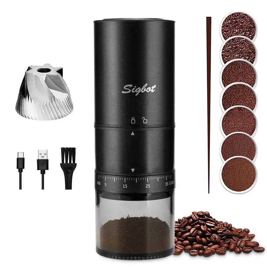 Electric Coffee Grinder 38 Grind Settings, Conical Burr amp Black Stainless Steel Body, Rechargeable Mill for Espresso, Moka Pot