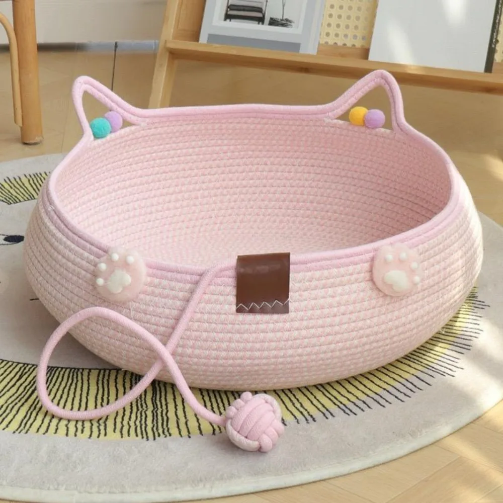 

Cotton Rope Woven Cat Nest Handmade Durable Cat Scratch Floor with Ball Scratch-Proof Cat Sleeping House for Cats and Dogs