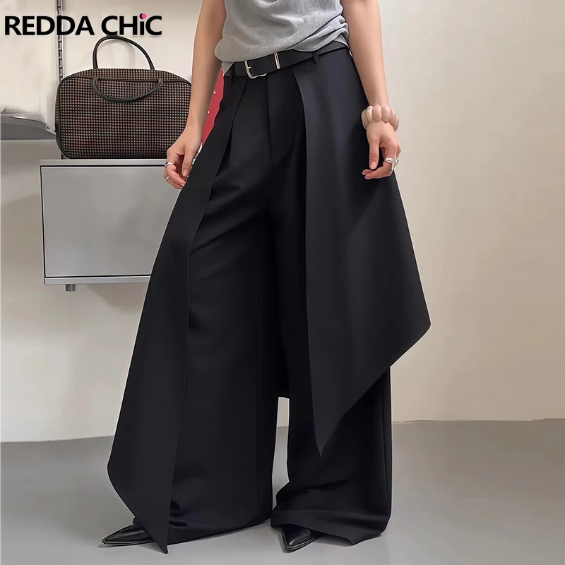 

REDDACHIC Мужские черные костюмные брюки с боковыми драпировками с низкой талией Свободная чистая юбка с запахом Брюки унисекс Офисная повседневная одежда