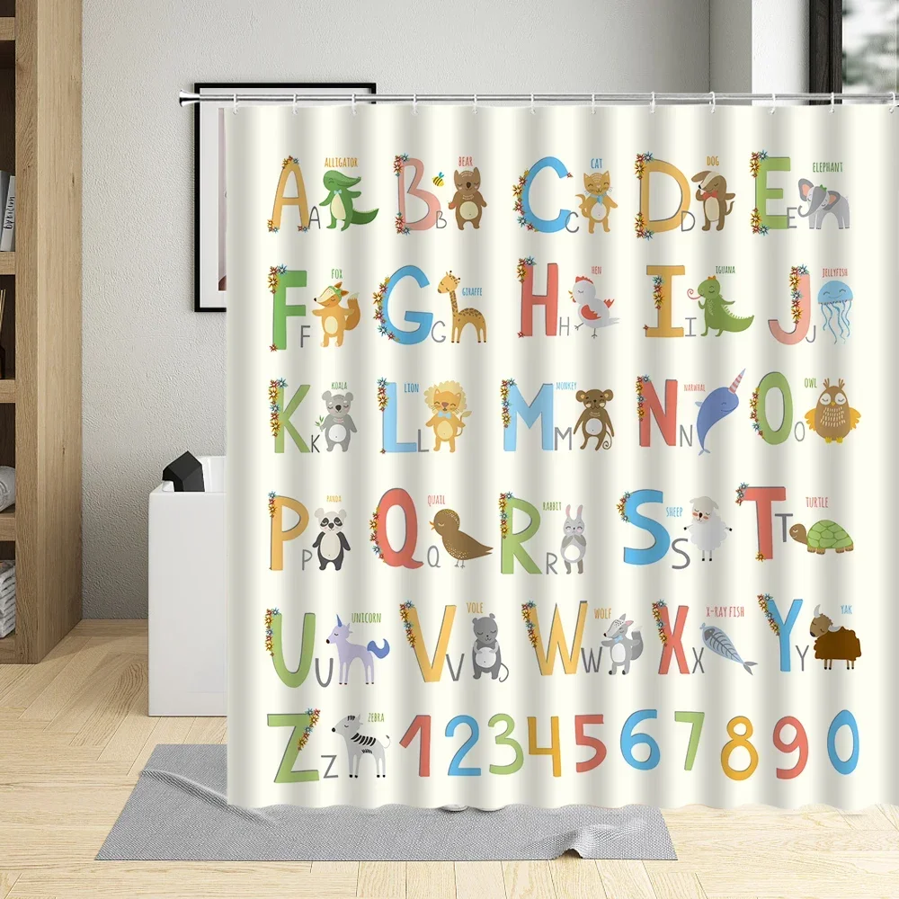 Cartoons Shower Curtains Kids Alphabet English Animals Learn Pattern Childs Bathroom Decor Polyester Cloth Hanging Curtain Sets