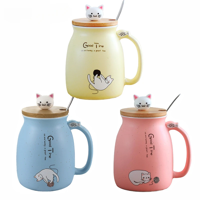 Creative color cat heat-resistant Mug cartoon with lid 450ml cup kitten coffee ceramic mugs children cup office Drinkware gift