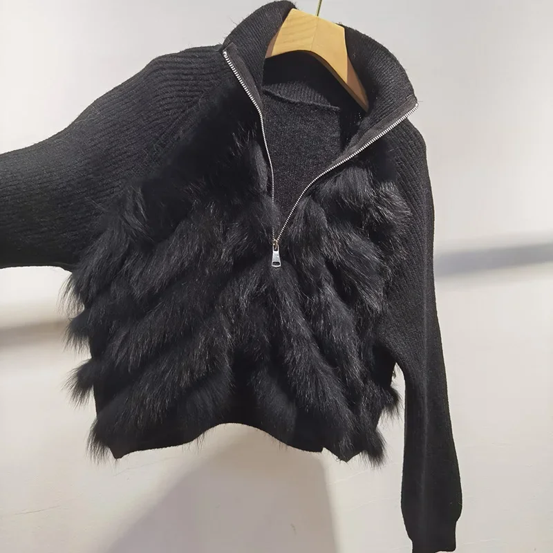 Jerséis femeninos con cremallera, Jersey corto de punto con piel de zorro auténtica, jersey de manga larga con recorte de piel auténtica
