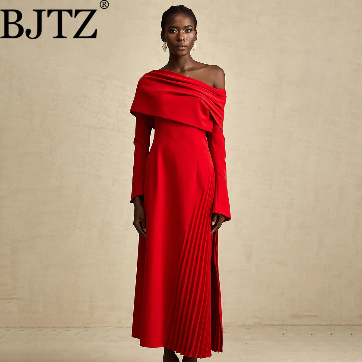 Bjtz 2026 primavera outono novo feminino marrom gola alta em camadas plissado vestido de babados primavera verão casual praia festa elegante