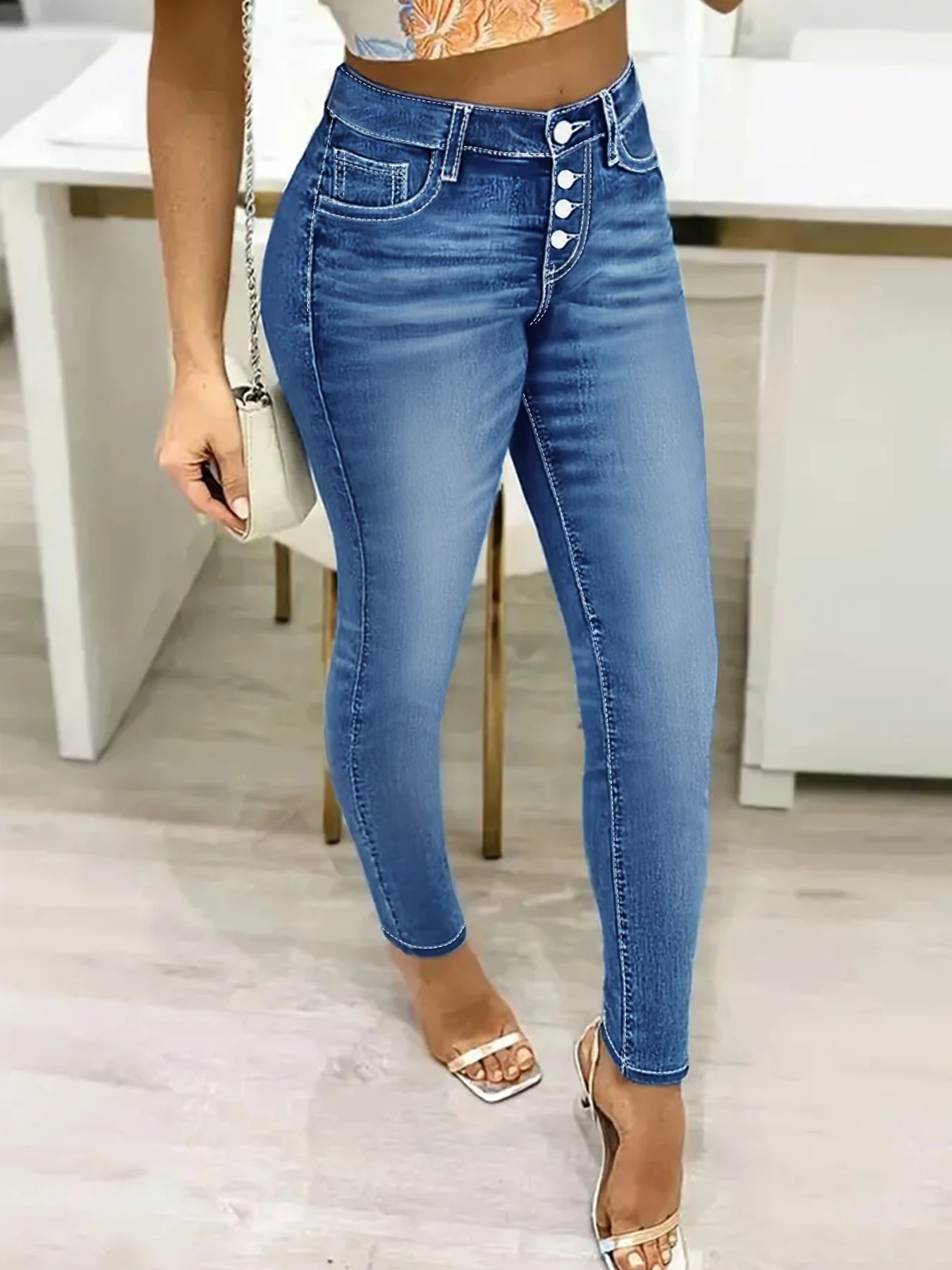 

Women's Light Blue Washed Ripped Skinny Jeans, Button Fly Closure Slimming Butt-Lifting Fashionable Versatile Pants