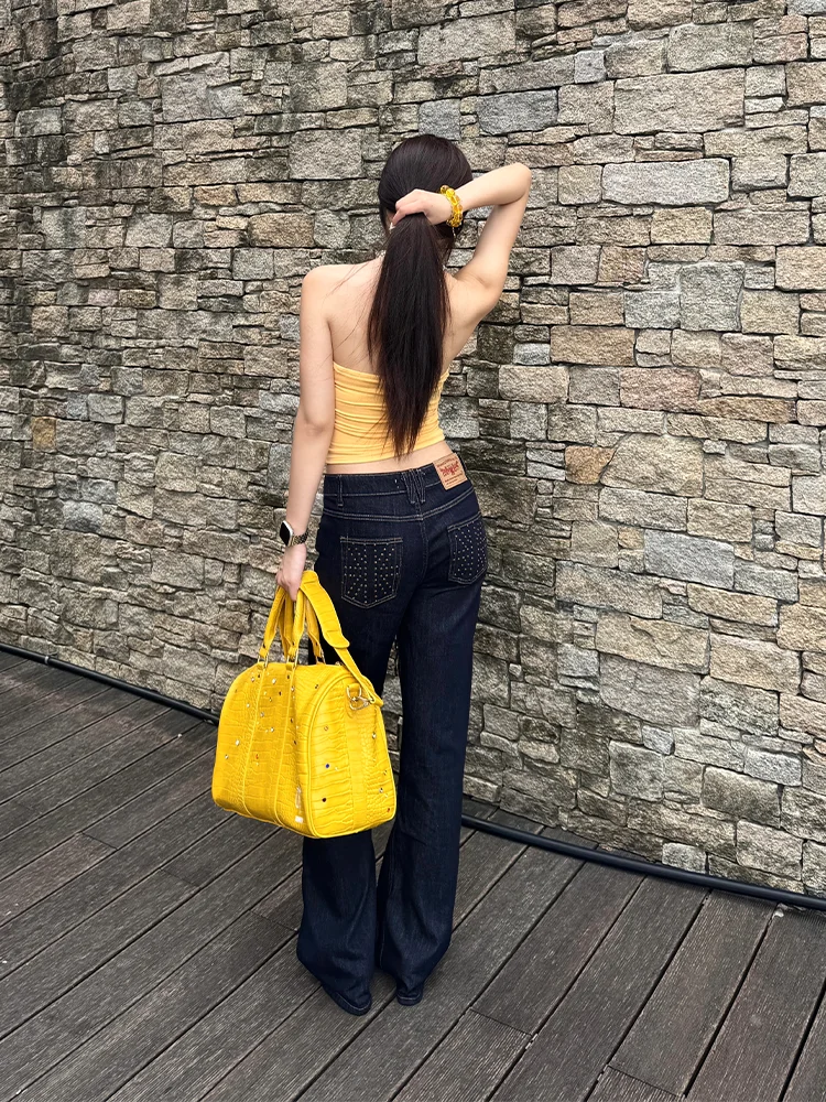 

Retro American Spicy Girl Large Size Washed Straight Leg Jeans Women's Loose Long Trousers High Waist Denim Pants with Beads