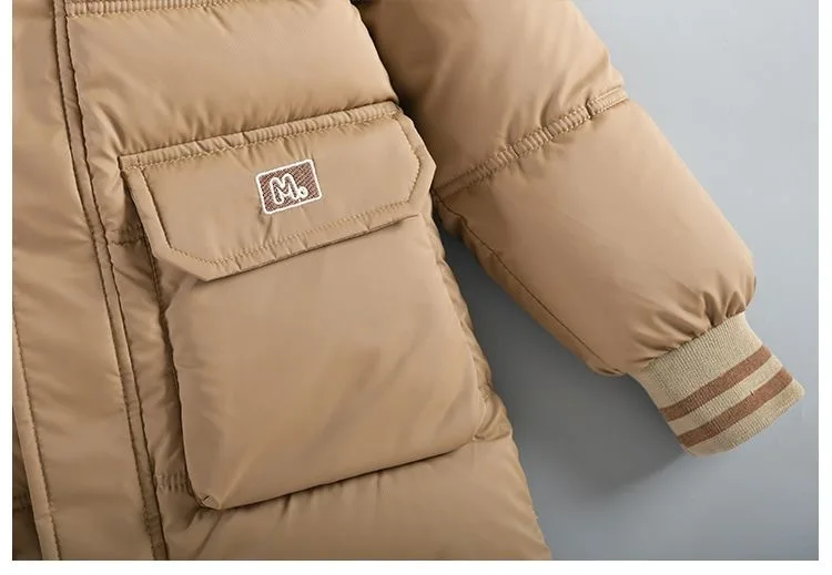 30 ℃ 2025, Winter-Jacke für Teenager und Jungen, Plüsch, dick, Kälteprävention, Briefdruck, mit Kapuze, Daunen-Baumwolle, Outdoor-Jacken für 4–11 Jahre – Detail 13