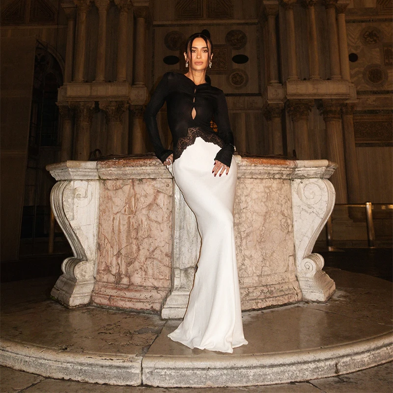 Elegant Lace Splice Maxi Dress Women Chic Long Sleeve See-through High Waist Slim Dresses 2026 Spring Lady Evening Party Gown - Image 4