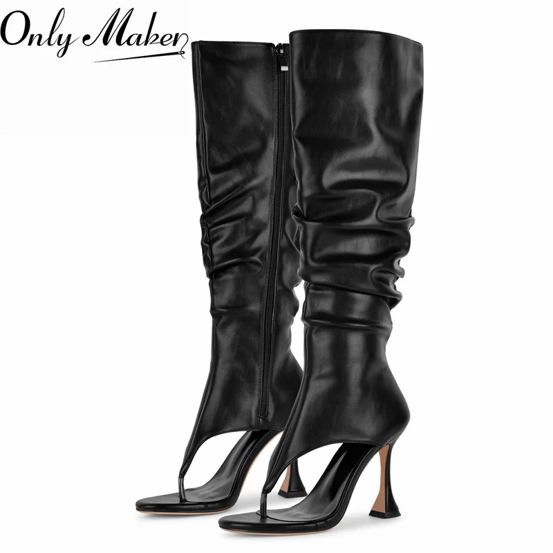 

Onlymaker Women Open Toe Knee High Boots Side Zipper Thin Low Heels Party Flip-flops Boots Sandals