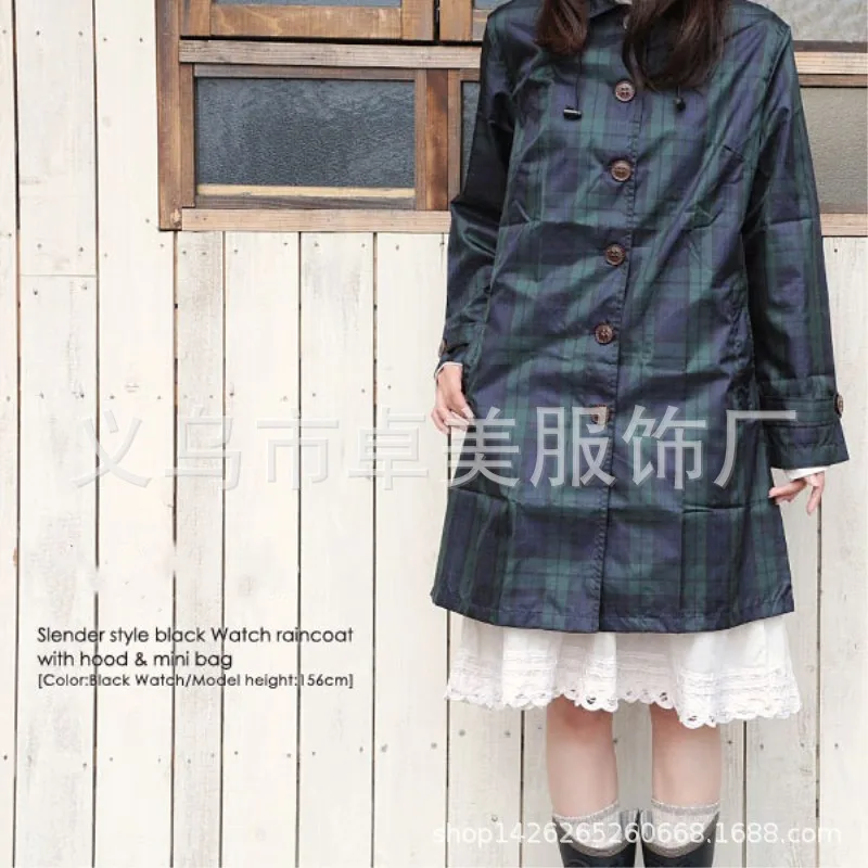 Fashion printed raincoat light and waterproof Japan Korea foreign trade travel fashion women's green plaid long raincoat