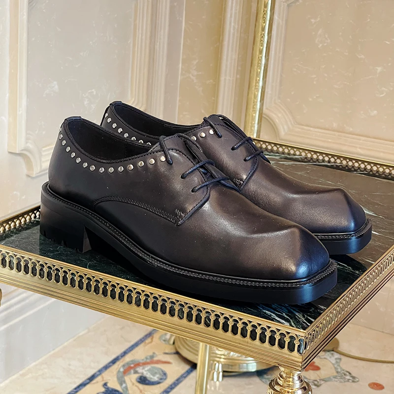 New Thick Sole Derby Shoes Cowhide Rivet Shaped Toe Lace Up Black Dress Leather Shoes Men Office Wedding Genuine Leather Oxfords