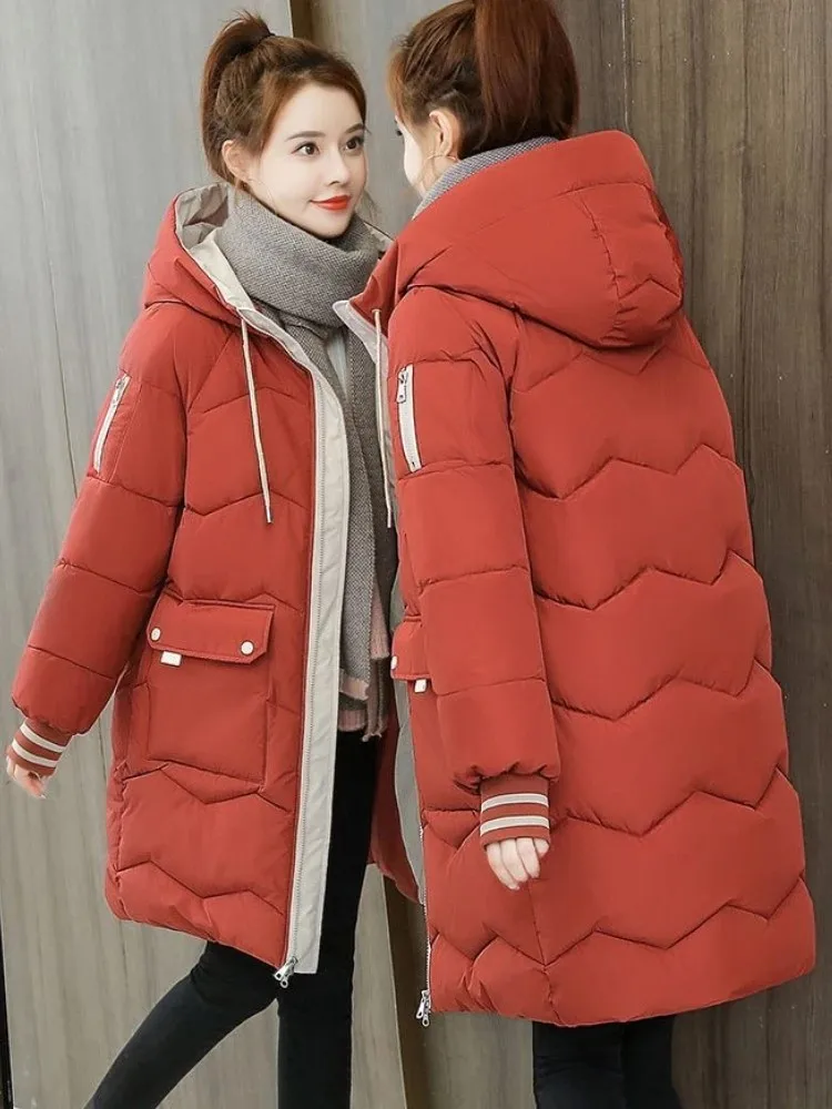 2024 Winter Women\'s Down Cotton Hooded Coat Jacket Long Coat Thick Warm Jacket Windproof Casual Student Coat