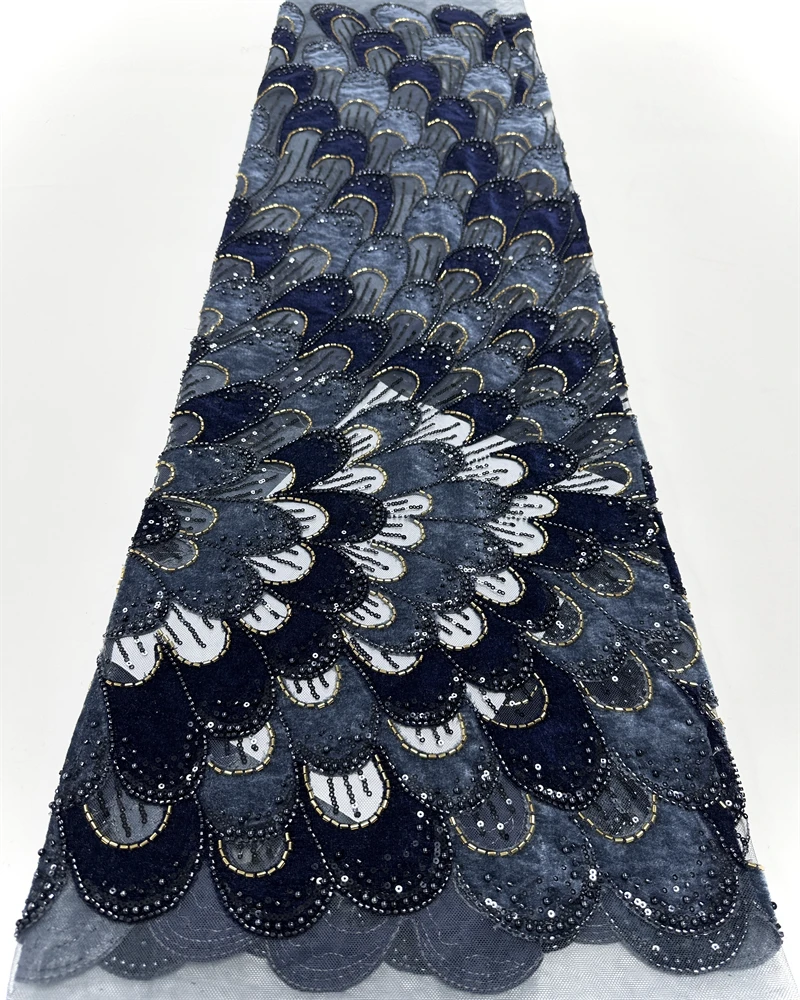 Luxury African Beaded Pearl Velvet Lace Fabric High-Quality Nigerian Sequins for Party Dress Sewing