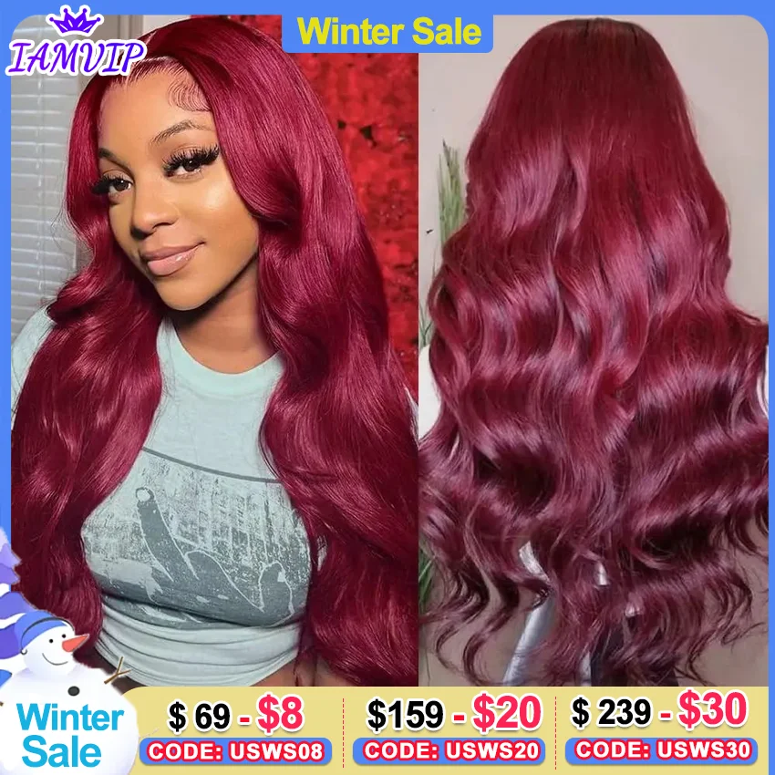 IAMVIP 13x4 Hd Transparent Lace Front Wigs Human Hair For Black Women Body Remy Human Hair 99j Burgundy Glueless Pre Plucked