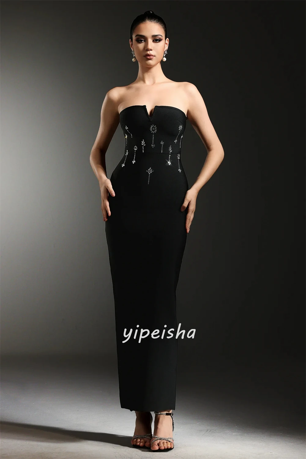 تخصيص الطراز الحديث بسيط جيرسي حجر الراين Ruched مستقيم حمالة الكاحل طول فساتين مناسبة مخصصة فساتين مثير