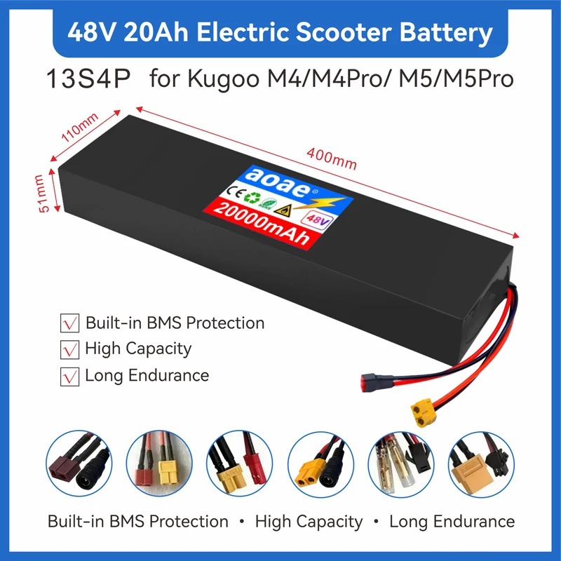 

48V Electric Scooter Battery 20Ah 18650 Grade-A Cells 13S4P Built-in BMS T-XT60 for Kugoo M4 M4Pro Max Speed Series