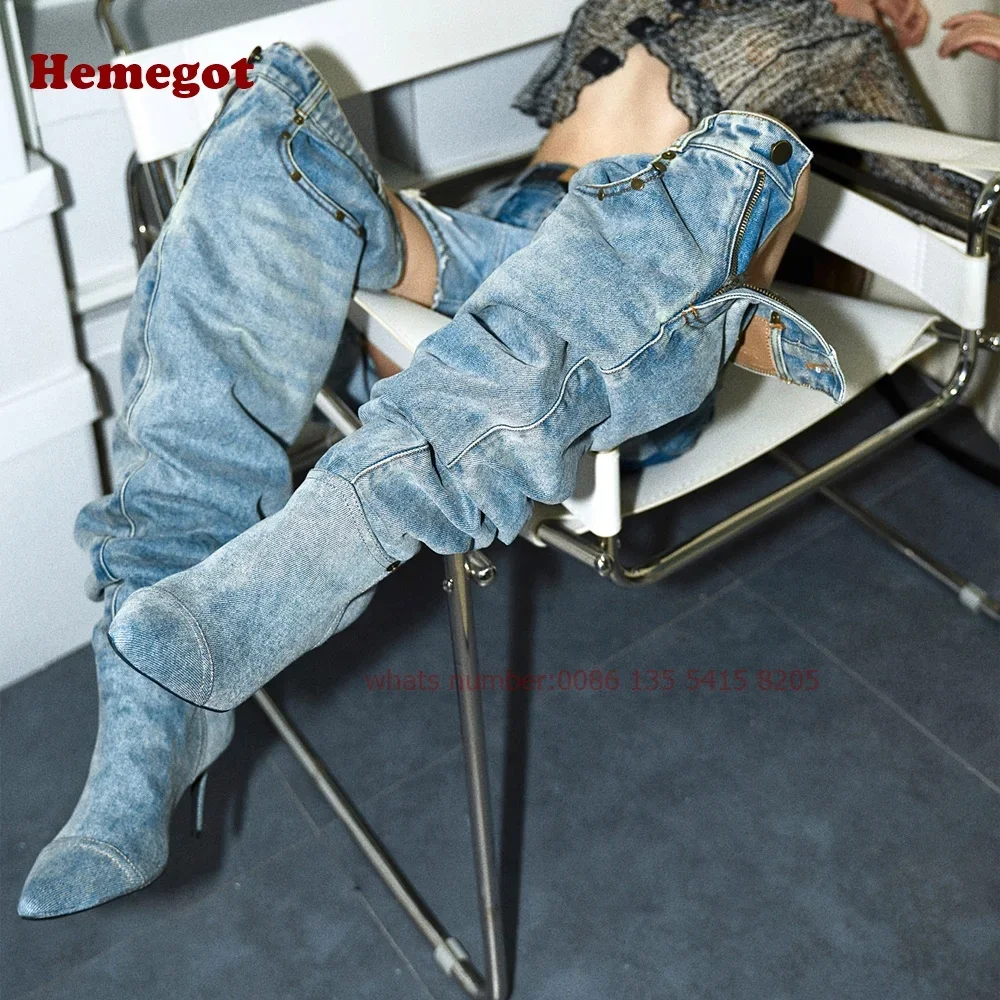 

Denim Pants Boots Pointy Toe Pleated Over The Knee Boots for Women Winter 2024 Casual Rivet Pocket Decor Patchwork Luxury Shoes