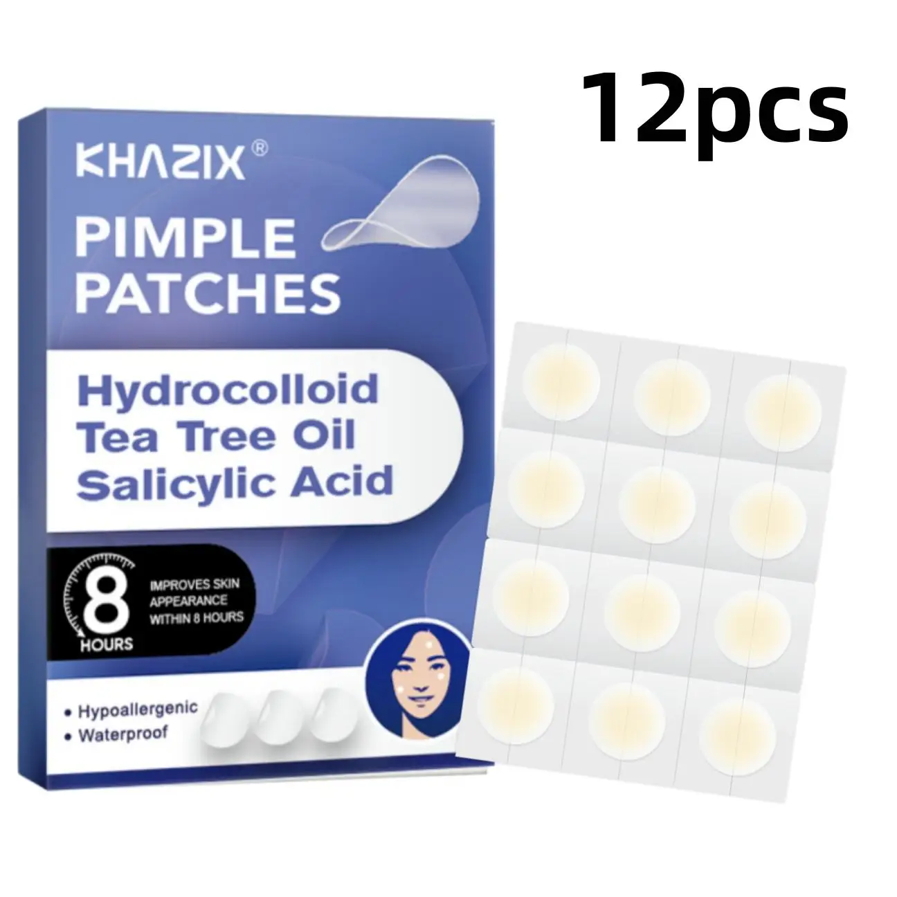 

12pcs Hydrocolloid Pimple Patches with Tea Tree Oil & Salicylic Acid, Waterproof Acne Spot Cover Stickers for Face, Day & Night