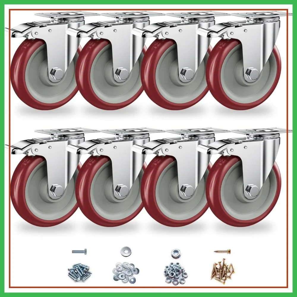 

8 Pack Heavy Duty 5 Inch Caster Wheels with Brake, Swivel Locking Castors, Non-Marking, Double Ball Bearing for Cart, Furniture, Workbench