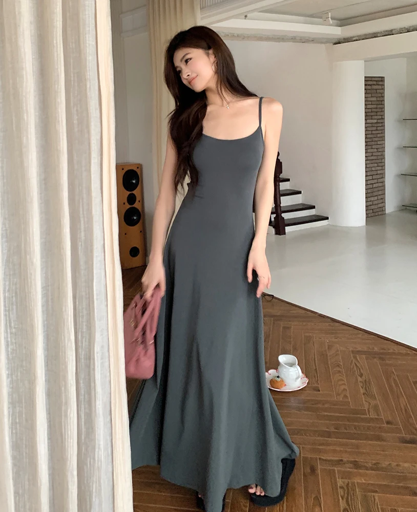 spring and summer new dance raw black gray simple thin U-neck long sling dress female