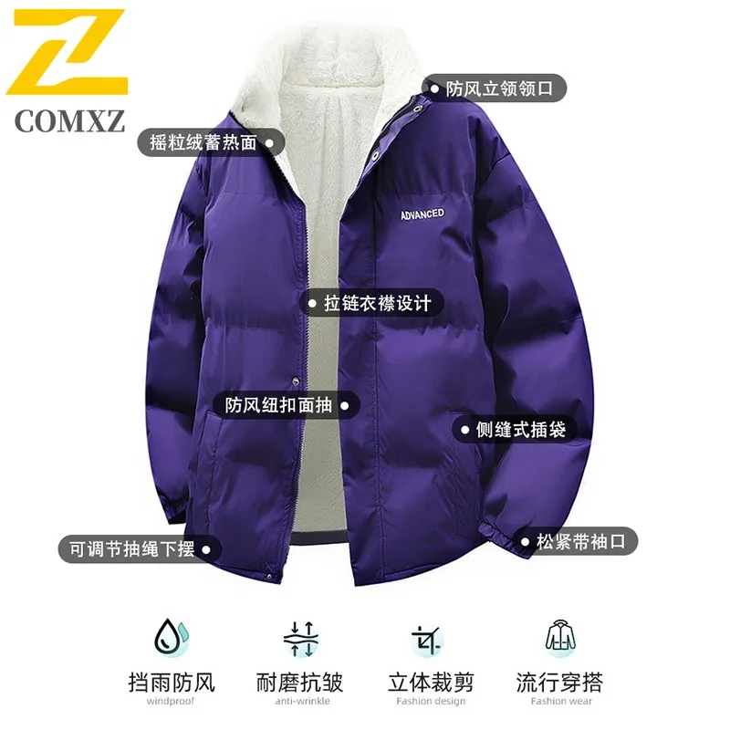 COMXZ 2025 Autumn Winter Sherpa Stand Collar Cotton Jacket Waterproof Windproof Solid Color Warm Unisex Loose Fit Fashion Coat