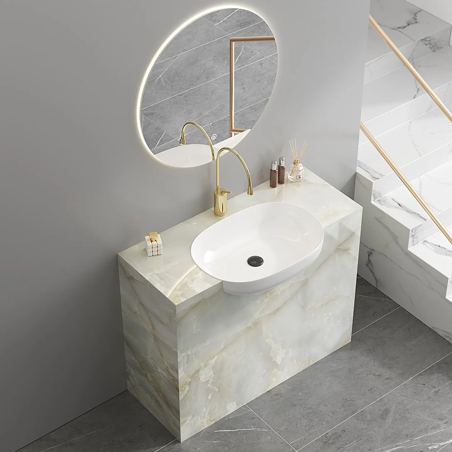 

Semi-embedded column basin, rock slab wash basin, floor-to-ceiling washbasin, bathroom cabinet