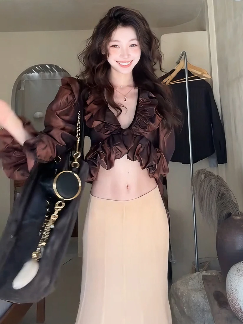 

Weird Puss Long Sve V-Ne укороченный топ женский Faion Slim Fit универсальный пикантный девушка irt Ele Sle полиэфирная ткань