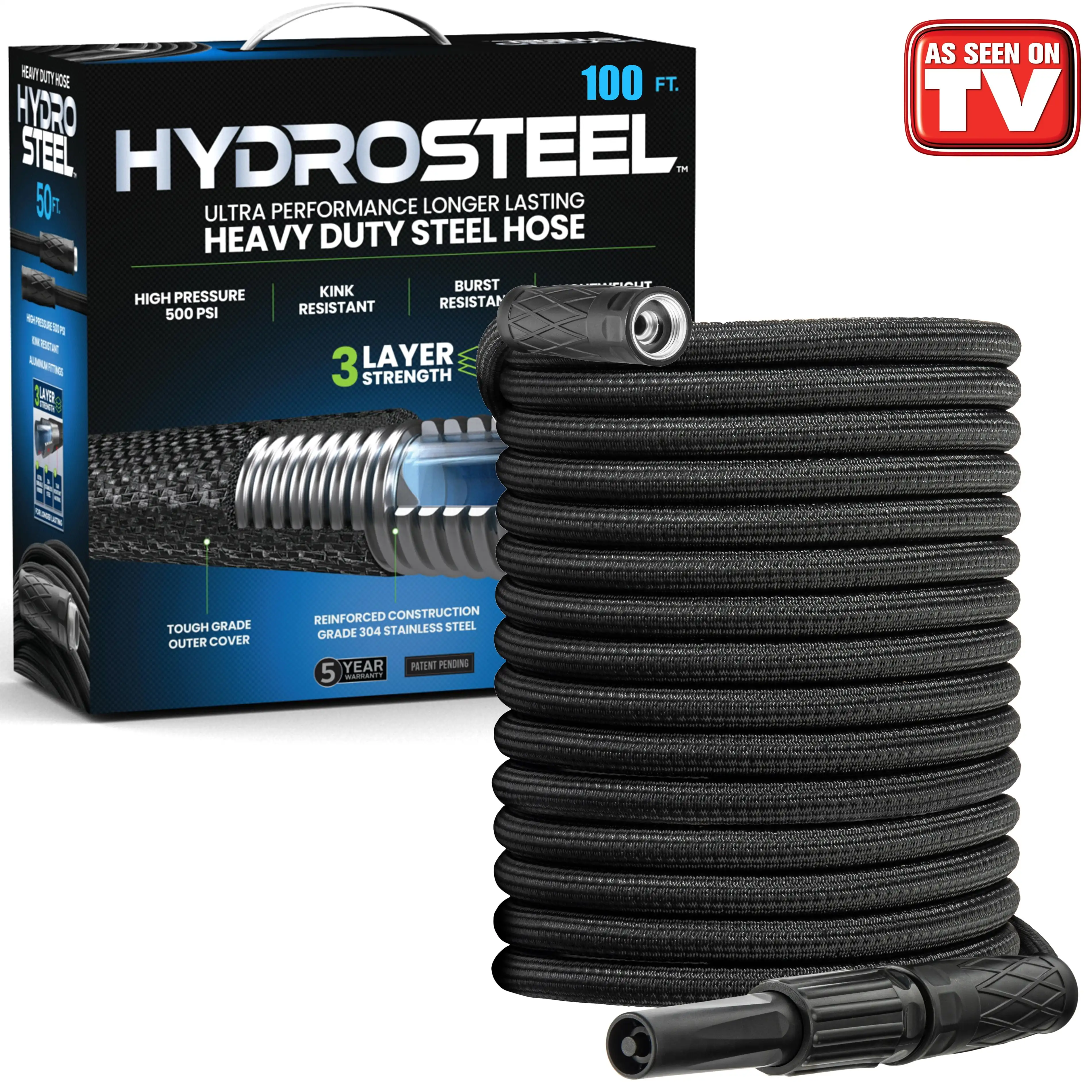 

Garden Hose 50' ft Water Hose For Outside Heavy Duty Metal Hose Stainless Steel with Nozzle Flexible Kink-Free