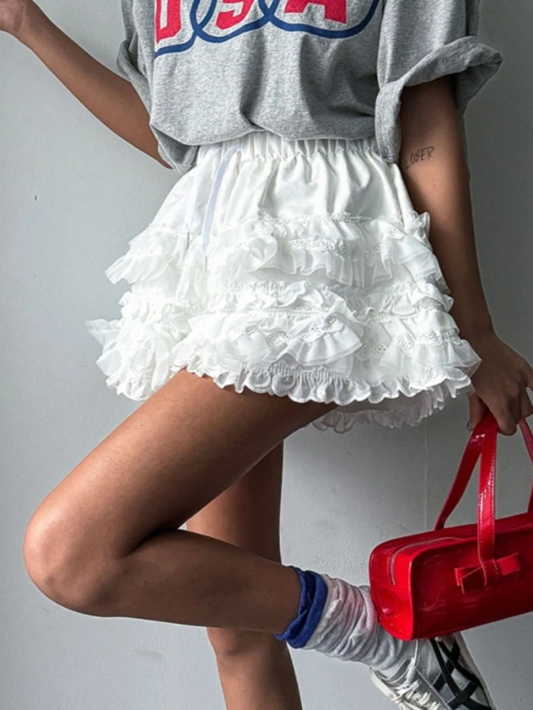 

DEEPTOWN Coquette Mini Skirt Shorts Women Summer Korean Y2k Lace Patchwork Cute Sexy High Waist Kawaii Ruffle White Skirt Kpop