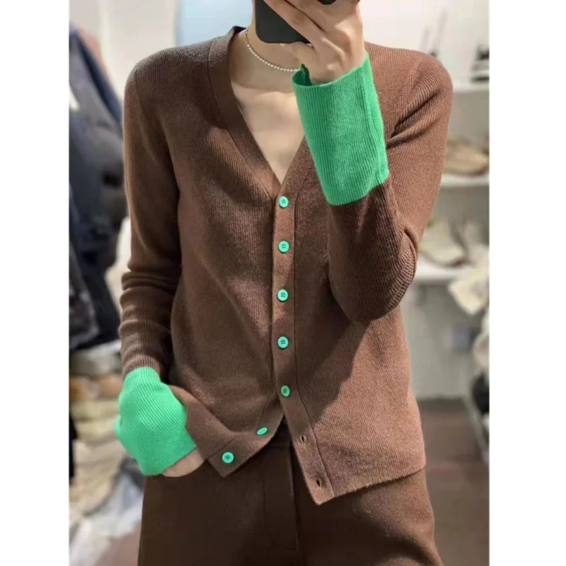 Western style color horn sleeve wool knit cardigan women spring and Autumn Korean V-neck sweater loose thin cashmere coat