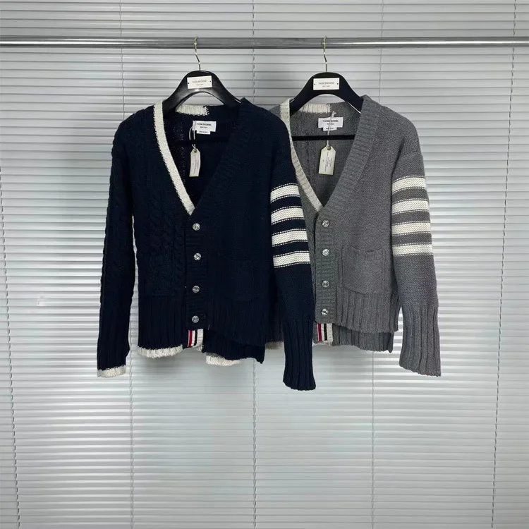 TB Tom Autumn/Winter New V-Neck Irregular Wool Cardigan Men's Women's Same Style Casual Comfortable Versatile Cardigan