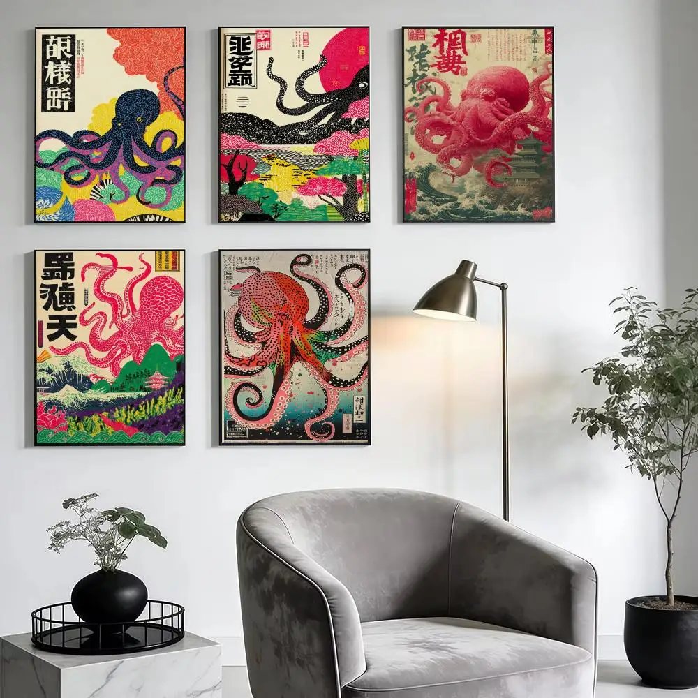 Retro Japanese Octopus Poster Modern Minimalist Wall Art Prints for Bedroom Living Room Home Decor Interior Gift