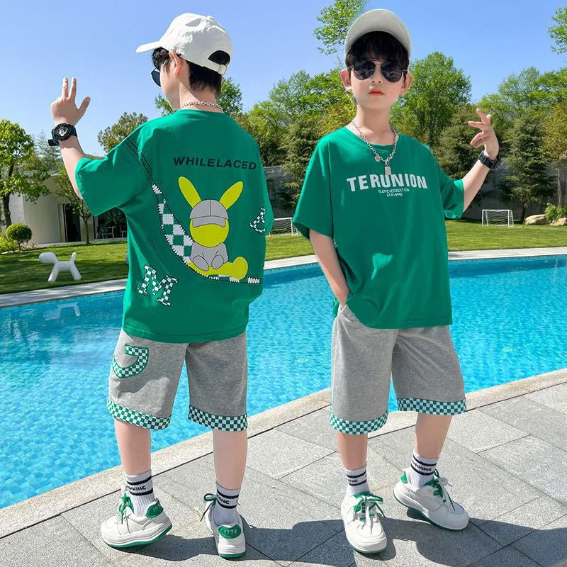 Summer Boys Cotton Alphabet Cartoon T-Shirt Tops+Patchwork Plaid Shorts Pant Set School Kids Tracksuit Child 2PCS Outfit 5-14Yr