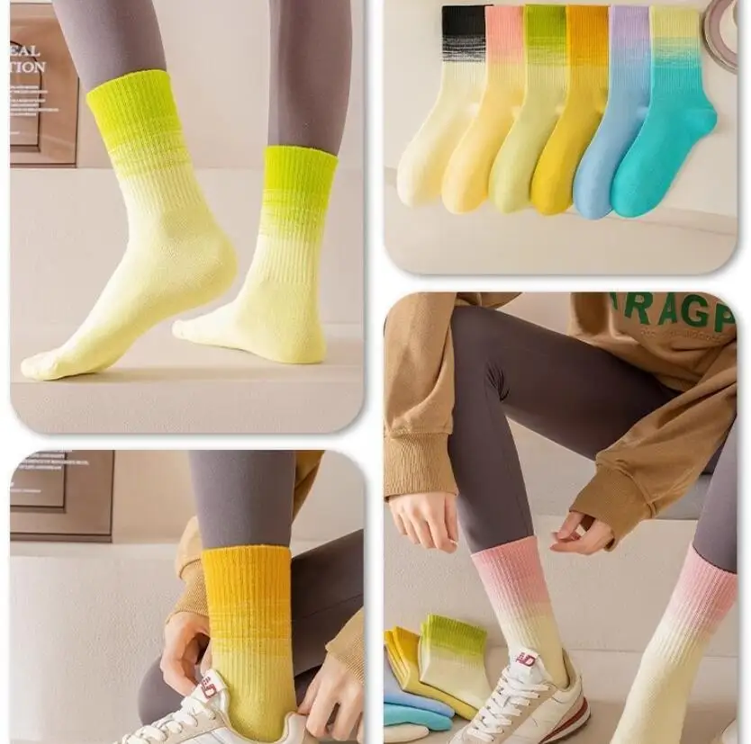 6pair Women's Gradient Cotton Socks Spring Summer Thin Street Stylish Alphabetic Female Colorful Mid Tube Sport Sock for Legging