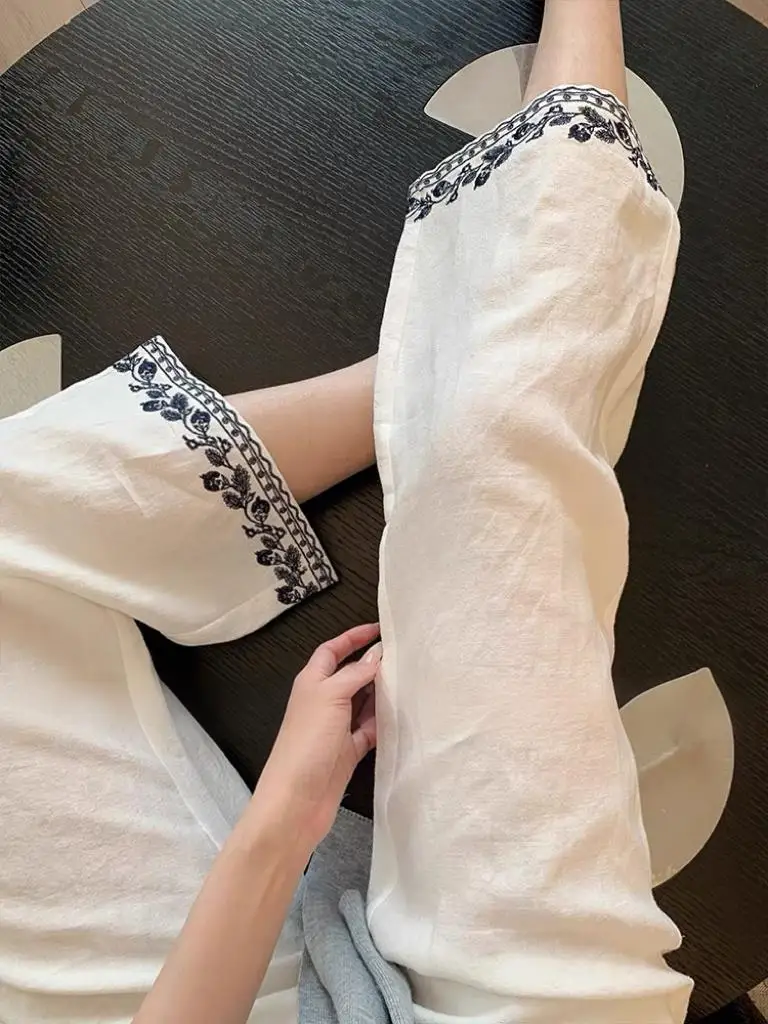

High-End Linen Wide Leg Pants Casual Embroidered Patchwork Design Straight Cut Summer New Arrival Women's Traditional Chinese...
