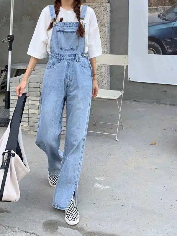 

Джинсовый комбинезон с высокой талией и разрезами, женский, весна-лето, новинка, из искусственной кожи, средней эластичности, Cleanfit, большие размеры