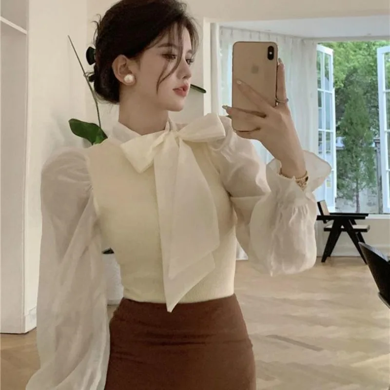 Bow Blouses Women Slim Elegant Office Lady Vintage Puff Sleeve Patchwork Designed Aesthetic Autumn Pretty Tops Fashion All-match