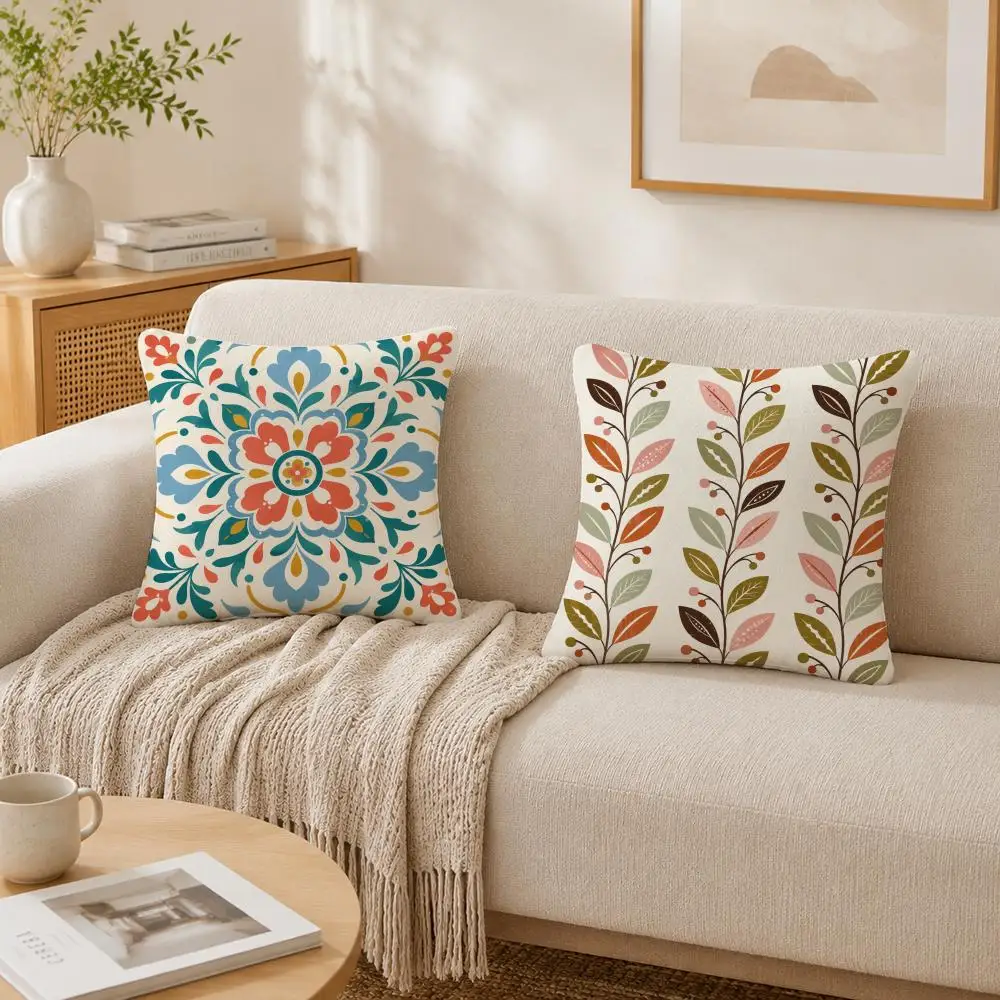 Mexican Folk Tile Floral Vine Pillow Case Double-Sided Plush Sofa Cushion Covers Organic Breathable Invisible Zipper