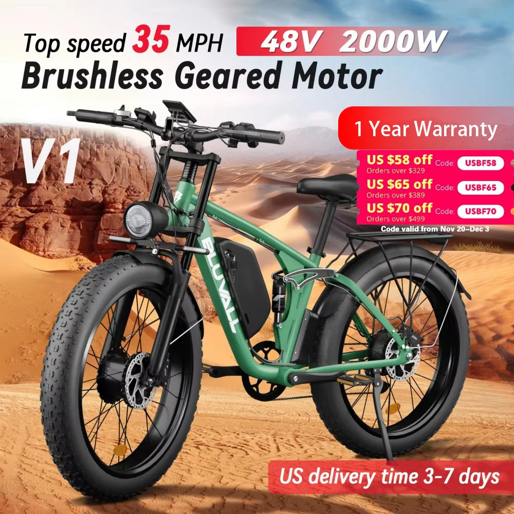 

52V Dual Motor 2000W Fat Tire Electric Bike 26x4.0 Snow Beach E-Bike 7 Speed Full Suspension 35MPH Long Range Adults Commuter