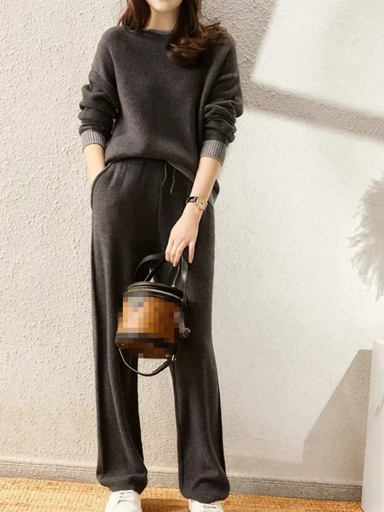 New Autumn Winter Advanced Fashion Casual Pants Sets Women O-Neck Knitted Pullover Sweater Celebrity Two Piece Set