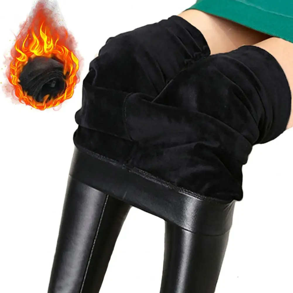 Faux Leather Women Leggings Thick Soft Plush Lining Solid Color Pants High Waist Elastic Slim Skinny Warm Club Party Trousers